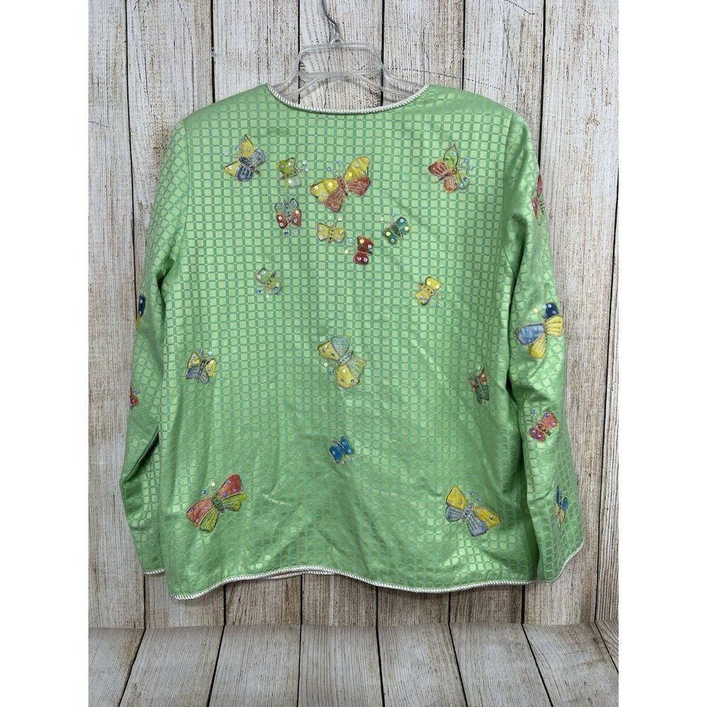 Whimsical Butterfly Jacket L Pastel Green Embroidered Sequins Art To Wear Garden - Picture 6 of 7
